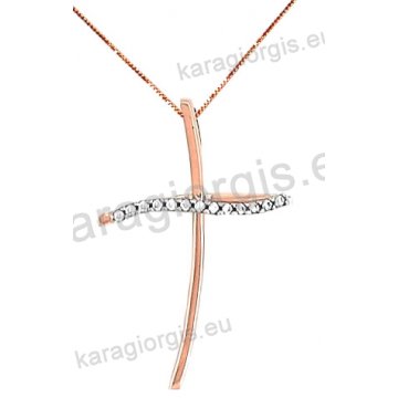 Σταυρός rose gold fashion γυναικείος σε μοντέρνο σχέδιο με αλυσίδα με άσπρες πέτρες ζιργκόν σε 14 καράτια.