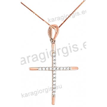 Σταυρός rose gold fashion γυναικείος σε μοντέρνο σχέδιο με αλυσίδα με άσπρες πέτρες ζιργκόν σε 14 καράτια.