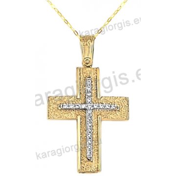 Βαπτιστικός σταυρός για κορίτσι χρυσός με ένθετο λευκόχρυσο σταυρό με αλυσίδα σε σαγρέ φινίρισμα με άσπρες πέτρες ζιργκόν 14 καράτια.