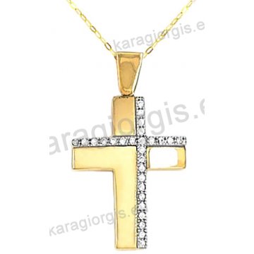Βαπτιστικός σταυρός για κορίτσι χρυσός με αλυσίδα σε λουστρέ φινίρισμα με άσπρες πέτρες ζιργκόν 14 καράτια.