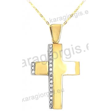 Βαπτιστικός σταυρός για κορίτσι χρυσός με αλυσίδα σε λουστρέ φινίρισμα με άσπρες πέτρες ζιργκόν 14 καράτια.