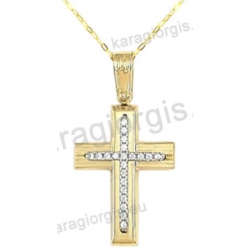 Βαπτιστικός σταυρός για κορίτσι χρυσός με ένθετο λευκόχρυσο σταυρό με αλυσίδα σε λουστρέ-ματ φινίρισμα με άσπρες πέτρες ζιργκόν 14 καράτια.