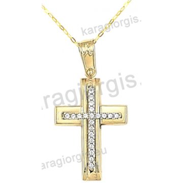 Βαπτιστικός σταυρός για κορίτσι χρυσός με ένθετο λευκόχρυσο σταυρό με αλυσίδα σε λουστρέ φινίρισμα με άσπρες πέτρες ζιργκόν 14 καράτια.