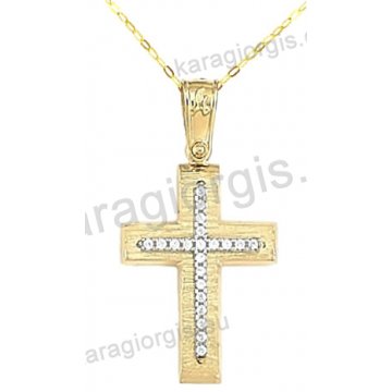 Βαπτιστικός σταυρός για κορίτσι χρυσός με ένθετο λευκόχρυσο σταυρό με αλυσίδα σε σαγρέ φινίρισμα με άσπρες πέτρες ζιργκόν 14 καράτια.