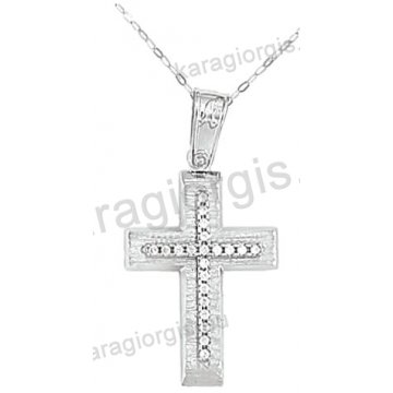 Βαπτιστικός σταυρός για κορίτσι λευκόχρυσος με ένθετο σταυρό με αλυσίδα σε σαγρέ φινίρισμα με άσπρες πέτρες ζιργκόν 14 καράτια.
