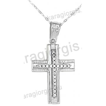 Βαπτιστικός σταυρός για κορίτσι λευκόχρυσος με ένθετο σταυρό με αλυσίδα σε σαγρέ-λουστρέ φινίρισμα με άσπρες πέτρες ζιργκόν 14 καράτια.