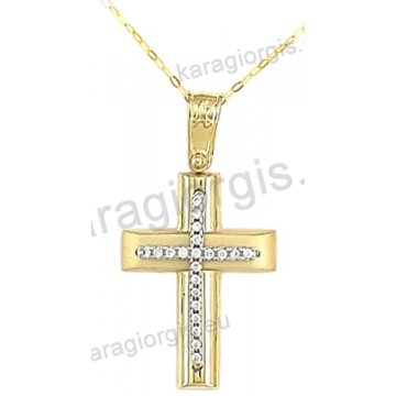 Βαπτιστικός σταυρός για κορίτσι χρυσός με ένθετο λευκόχρυσο σταυρό με αλυσίδα σε λουστρέ-ματ φινίρισμα με άσπρες πέτρες ζιργκόν 14 καράτια.