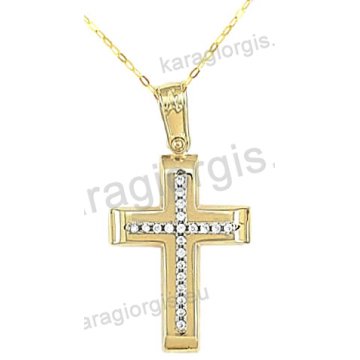 Βαπτιστικός σταυρός για κορίτσι χρυσός με ένθετο λευκόχρυσο σταυρό με αλυσίδα σε λουστρέ φινίρισμα με άσπρες πέτρες ζιργκόν 14 καράτια.