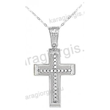 Βαπτιστικός σταυρός K14 για κορίτσι λευκόχρυσος με ένθετο σταυρό με αλυσίδα σε λουστρέ φινίρισμα με άσπρες πέτρες ζιργκόν.