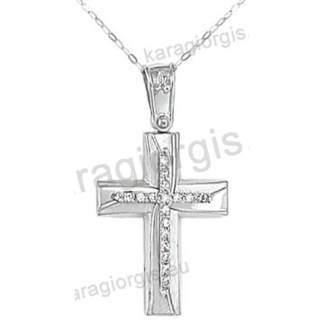 Βαπτιστικός σταυρός K14 για κορίτσι λευκόχρυσος με ένθετο σταυρό με αλυσίδα σε λουστρέ-ματ φινίρισμα με άσπρες πέτρες ζιργκόν.