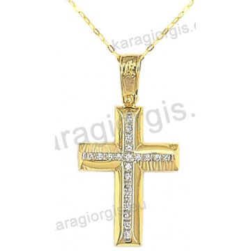 Βαπτιστικός σταυρός για κορίτσι χρυσός με ένθετο λευκόχρυσο σταυρό με αλυσίδα σε σαγρέ-λουστρέ φινίρισμα με άσπρες πέτρες ζιργκόν 14 καράτια.