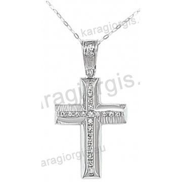 Βαπτιστικός σταυρός K14 για κορίτσι λευκόχρυσος με ένθετο σταυρό με αλυσίδα σε σαγρέ-λουστρέ φινίρισμα με άσπρες πέτρες ζιργκόν.