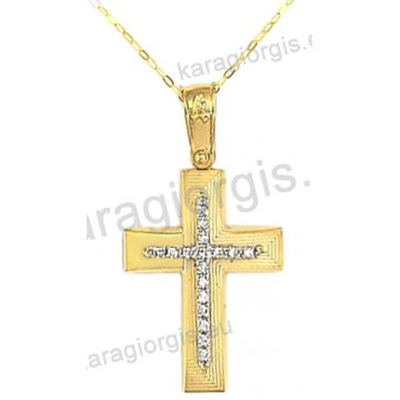 Βαπτιστικός σταυρός για κορίτσι χρυσός με ένθετο λευκόχρυσο σταυρό με αλυσίδα σε σαγρέ-λουστρέ φινίρισμα με άσπρες πέτρες ζιργκόν 14 καράτια.
