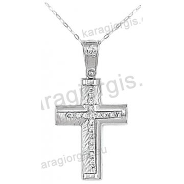 Βαπτιστικός σταυρός K14 για κορίτσι λευκόχρυσος με ένθετο σταυρό με αλυσίδα σε σαγρέ-λουστρέ φινίρισμα με άσπρες πέτρες ζιργκόν.