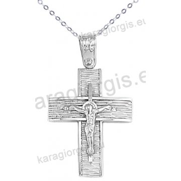Λευκόχρυσος βαπτιστικός σταυρός για αγόρι με αλυσίδα με ένθετο εσταυρωμένο σε σαγρέ φινίρισμα 14 καράτια.