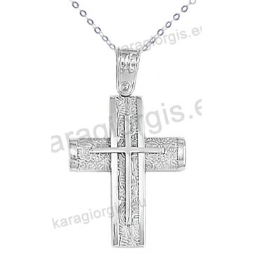 Λευκόχρυσος βαπτιστικός σταυρός για αγόρι με αλυσίδα με ένθετο σταυρό σε σαγρέ-λουστρέ φινίρισμα 14 καράτια.