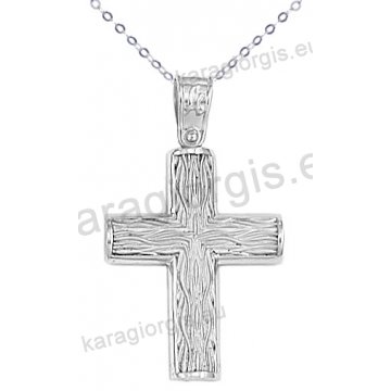 Λευκόχρυσος βαπτιστικός σταυρός για αγόρι με αλυσίδα σε σαγρέ φινίρισμα 14 καράτια.