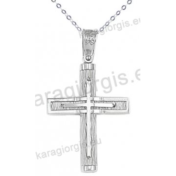 Λευκόχρυσος βαπτιστικός σταυρός για αγόρι με αλυσίδα με ένθετο σταυρό σε σαγρέ φινίρισμα 14 καράτια.