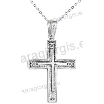 Λευκόχρυσος βαπτιστικός σταυρός για αγόρι με αλυσίδα με ένθετο σταυρό σε σαγρέ-λουστρέ φινίρισμα 14 καράτια.