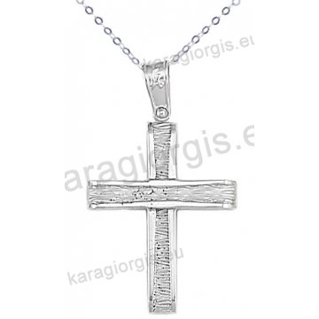 Λευκόχρυσος βαπτιστικός σταυρός για αγόρι με αλυσίδα σε σαγρέ-λουστρέ φινίρισμα 14 καράτια.