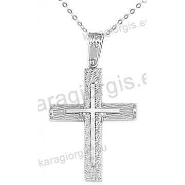 Λευκόχρυσος βαπτιστικός σταυρός για αγόρι με αλυσίδα με ένθετο σταυρό σε σαγρέ φινίρισμα 14 καράτια.