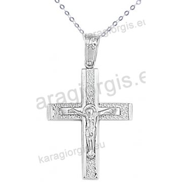Λευκόχρυσος βαπτιστικός σταυρός για αγόρι με αλυσίδα με ένθετο εσταυρωμένο σε σαγρέ φινίρισμα 14 καράτια.