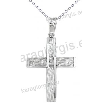 Λευκόχρυσος βαπτιστικός σταυρός για αγόρι με αλυσίδα σε σαγρέ-λουστρέ φινίρισμα 14 καράτια.