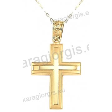 Χρυσός βαπτιστικός σταυρός για αγόρι με αλυσίδα σε λουστρέ-ματ φινίρισμα σε 14 καράτια.