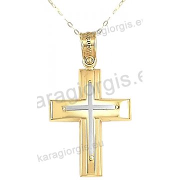 Χρυσός βαπτιστικός σταυρός για αγόρι με αλυσίδα σε λουστρέ-ματ φινίρισμα με ένθετο λευκόχρυσο σταυρό σε 14 καράτια.