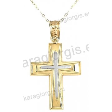 Χρυσός βαπτιστικός σταυρός για αγόρι με αλυσίδα σε λουστρέ-ματ φινίρισμα με ένθετο λευκόχρυσο σταυρό σε 14 καράτια.