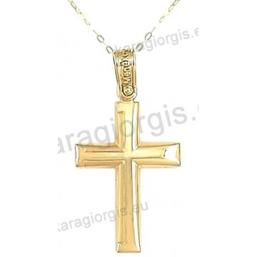 Χρυσός βαπτιστικός σταυρός για αγόρι με αλυσίδα σε λουστρέ-ματ φινίρισμα σε 14 καράτια.