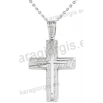 Λευκόχρυσος βαπτιστικός σταυρός για αγόρι με αλυσίδα με ένθετο σταυρό σε λουστρέ-σαγρέ φινίρισμα σε 14 καράτια.