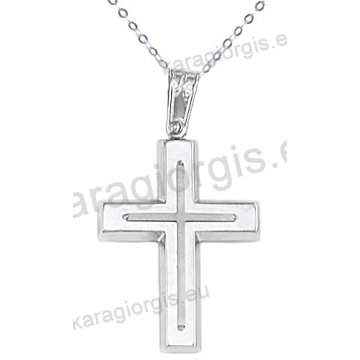 Λευκόχρυσος βαπτιστικός σταυρός για αγόρι με αλυσίδα με ένθετο σταυρό σε λουστρέ φινίρισμα σε 14 καράτια.
