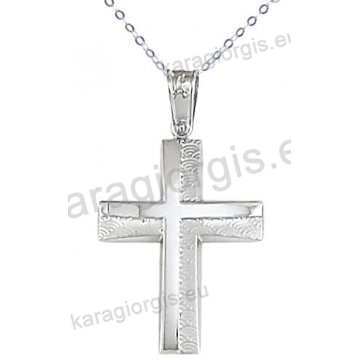 Λευκόχρυσος βαπτιστικός σταυρός K14 για αγόρι με αλυσίδα με ένθετο σταυρό σε λουστρέ-σαγρέ φινίρισμα.