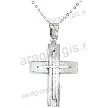Λευκόχρυσος βαπτιστικός σταυρός K14 για αγόρι με αλυσίδα με ένθετο σταυρό σε λουστρέ-σαγρέ φινίρισμα.