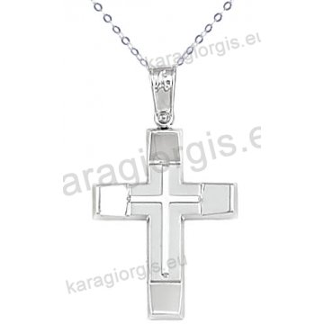 Λευκόχρυσος βαπτιστικός σταυρός για αγόρι με αλυσίδα με ένθετο σταυρό σε λουστρέ φινίρισμα σε 14 καράτια.