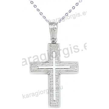 Λευκόχρυσος βαπτιστικός σταυρός για αγόρι με αλυσίδα με ένθετο σταυρό σε σαγρέ φινίρισμα σε 14 καράτια.