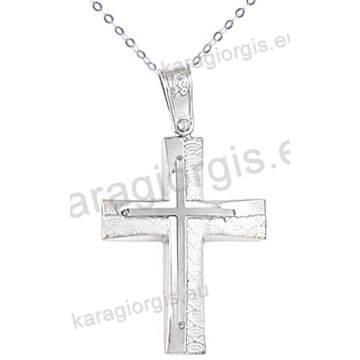 Λευκόχρυσος βαπτιστικός σταυρός για αγόρι με αλυσίδα με ένθετο σταυρό σε λουστρέ-σαγρέ φινίρισμα σε 14 καράτια.