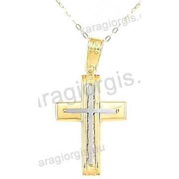 Χρυσός βαπτιστικός σταυρός για αγόρι με αλυσίδα με ένθετο σταυρό σε λουστρέ-σαγρέ φινίρισμα σε 14 καράτια.
