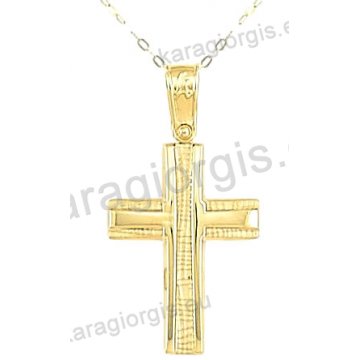 Χρυσός βαπτιστικός σταυρός για αγόρι με αλυσίδα με λουστρέ-σαγρέ φινίρισμα σε 14 καράτια.