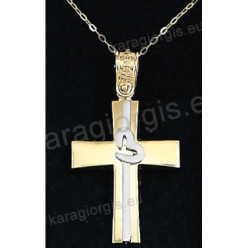 Χρυσός βαπτιστικός σταυρός για κορίτσι με αλυσίδα με λουστρέ φινίρισμα και ένθετη λευκόχρυση καρδούλα σε 14 καράτια.