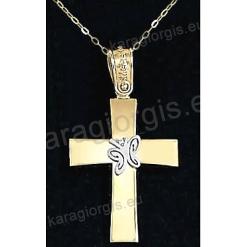 Χρυσός βαπτιστικός σταυρός για κορίτσι με αλυσίδα με λουστρέ φινίρισμα και ένθετη λευκόχρυση πεταλούδα σε 14 καράτια.