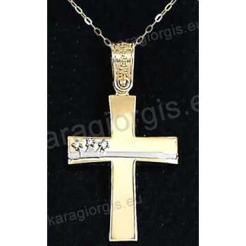Χρυσός βαπτιστικός σταυρός για κορίτσι με αλυσίδα με λουστρέ φινίρισμα και ένθετη λευκόχρυση κορώνα σε 14 καράτια με πέτρες ζιργκόν.