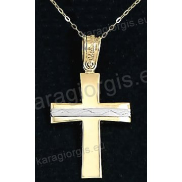 Χρυσός βαπτιστικός σταυρός για κορίτσι με αλυσίδα με λουστρέ φινίρισμα και ένθετη λευκόχρυση πλεξούδα σε 14 καράτια.