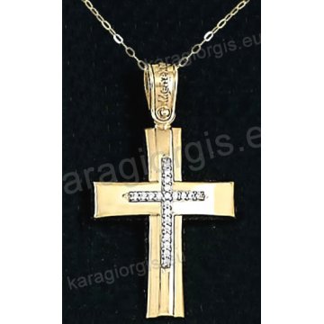 Χρυσός βαπτιστικός σταυρός για κορίτσι με αλυσίδα με λουστρέ-ματ φινίρισμα και ένθετο λευκόχρυσο σταυρό σε 14 καράτια με πέτρες ζιργκόν.