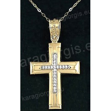 Χρυσός βαπτιστικός σταυρός για κορίτσι με αλυσίδα με λουστρέ-ματ φινίρισμα και ένθετο λευκόχρυσο σταυρό σε 14 καράτια με πέτρες ζιργκόν.