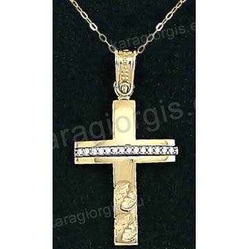Χρυσός βαπτιστικός σταυρός για κορίτσι με αλυσίδα με λουστρέ φινίρισμα και ένθετα φτερά σε 14 καράτια με πέτρες ζιργκόν.