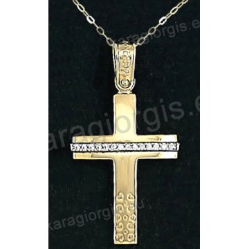 Χρυσός βαπτιστικός σταυρός για κορίτσι με αλυσίδα με λουστρέ φινίρισμα και ένθετες καρδούλες σε 14 καράτια με πέτρες ζιργκόν.