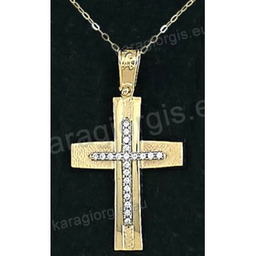 Χρυσός βαπτιστικός σταυρός για κορίτσι με αλυσίδα με λουστρέ-σαγρέ φινίρισμα και ένθετο λευκόχρυσο σταυρό σε 14 καράτια με πέτρες ζιργκόν.