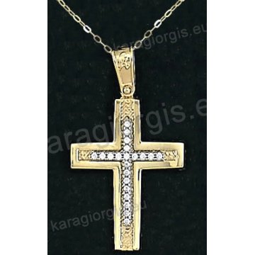Χρυσός βαπτιστικός σταυρός για κορίτσι με αλυσίδα με λουστρέ-σαγρέ φινίρισμα και ένθετο λευκόχρυσο σταυρό σε 14 καράτια με πέτρες ζιργκόν.